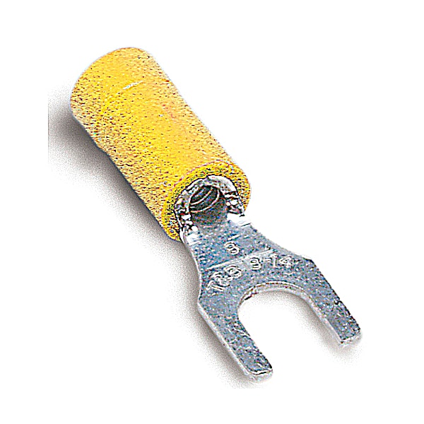 Fork Terminal, #8 Stud Size, 10 AWG, 600 V, Vinyl Insulated, Yellow, 500 PK